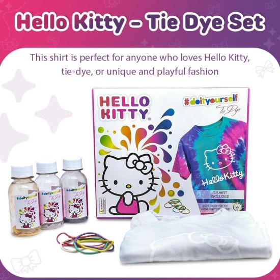 – Hello Kitty – Ensemble Tie Dye – L'ensemble comprend un T-shirt, 3 peintures colorées, une doublure, des gants et des bandes élastiques, lot de 1 (M)