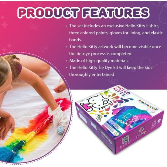 – Hello Kitty – Ensemble Tie Dye – L'ensemble comprend un T-shirt, 3 peintures colorées, une doublure, des gants et des bandes élastiques, lot de 1 (M)