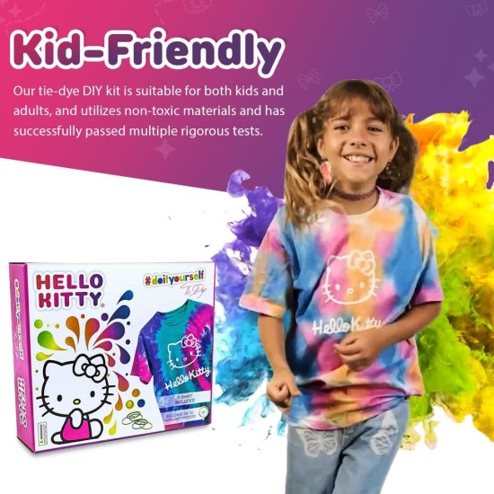 – Hello Kitty – Ensemble Tie Dye – L'ensemble comprend un T-shirt, 3 peintures colorées, une doublure, des gants et des bandes élastiques, lot de 1 (M)