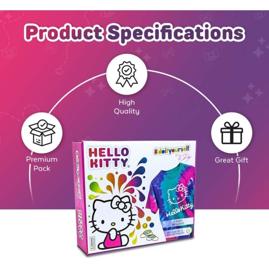 – Hello Kitty – Ensemble Tie Dye – L'ensemble comprend un T-shirt, 3 peintures colorées, une doublure, des gants et des bandes élastiques, lot de 1 (M)