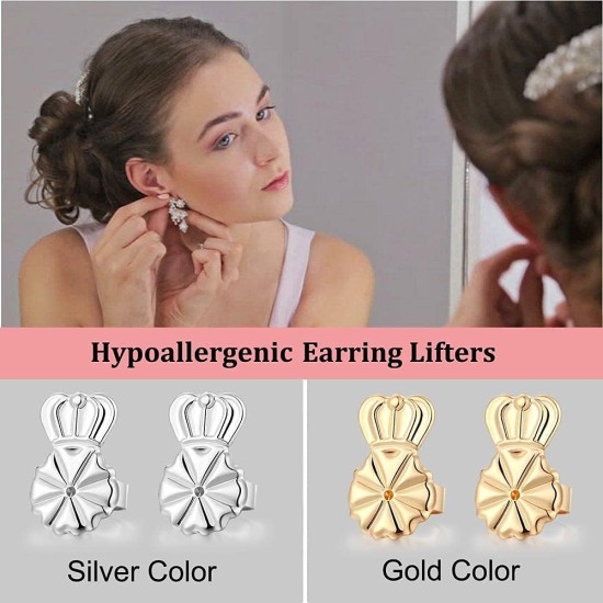 3 paires de rehausseurs de boucles d'oreilles, fermoirs de boucles d'oreilles hypoallergéniques de 8 mm pour oreilles tombantes, fermoirs de boucles d'oreilles couronne réglables pour boucles d'oreilles lourdes (8 mm 2 argent + 1 or)