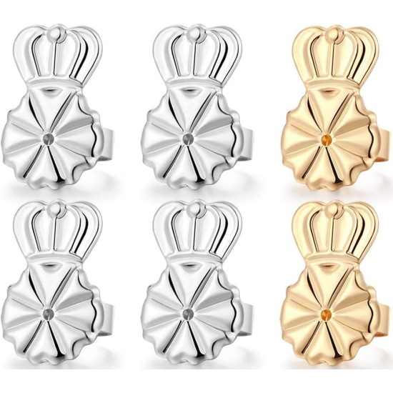 3 paires de rehausseurs de boucles d'oreilles, fermoirs de boucles d'oreilles hypoallergéniques de 8 mm pour oreilles tombantes, fermoirs de boucles d'oreilles couronne réglables pour boucles d'oreilles lourdes (8 mm 2 argent + 1 or)