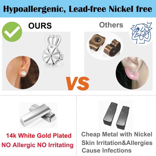 3 paires de rehausseurs de boucles d'oreilles, fermoirs de boucles d'oreilles hypoallergéniques de 8 mm pour oreilles tombantes, fermoirs de boucles d'oreilles couronne réglables pour boucles d'oreilles lourdes (8 mm 2 argent + 1 or)