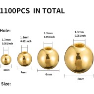 1100 pièces de perles rondes lisses-3/4/6/8mm, entretoise dorée, Kits de perles amples pour la fabrication de bracelets et de bijoux