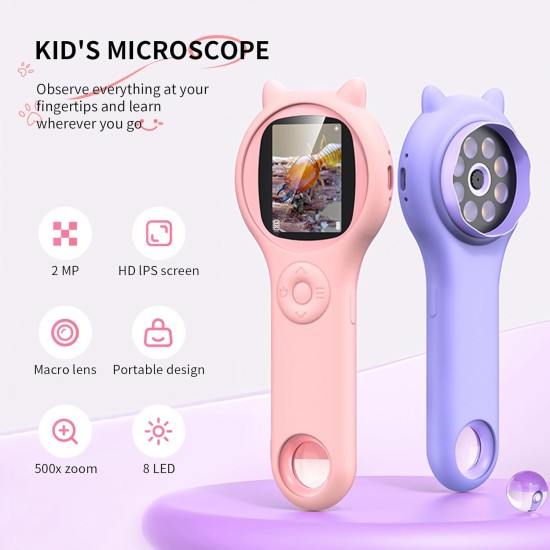Microscope pour enfants – Mini microscope de poche pour les tout-petits – Kit scientifique éducatif STEM, jouets pour cadeaux d'anniversaire de Noël, jouets pour filles de 5, 6, 7, 8, 9, 10, 11, 12 ans (violet)