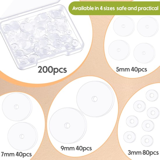 Hicarer 200 pcs Disque de perçage transparent pour piercing Bump 3/5/7/9 mm Dos de boucles d'oreilles en silicone transparent Coussinets de disque en plastique Stabilisateur, Dos de boucle d'oreille Bouchon Patchs de support de lobe d'oreille, 4 tailles