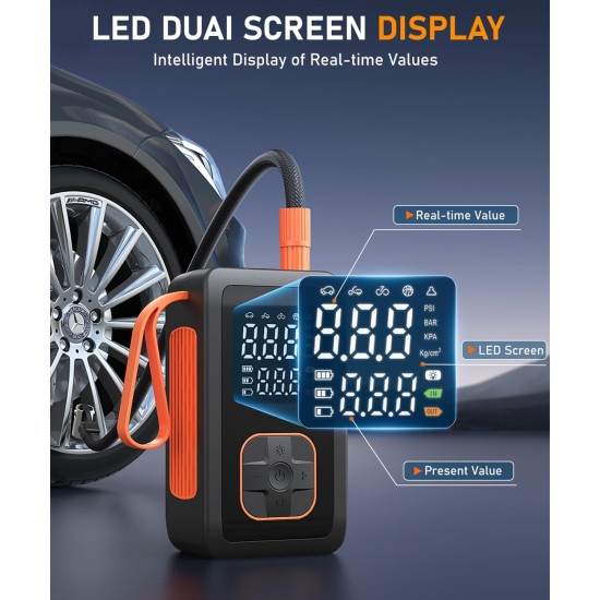 Compresseur d'air portable, gonfleur de pneus, pompe à air sans fil 3 fois plus rapide pour pneus de voiture avec lumière LED, pompe à air 150 psi avec prise allume-cigare pour voiture, moto, vélo, ballon (noir)