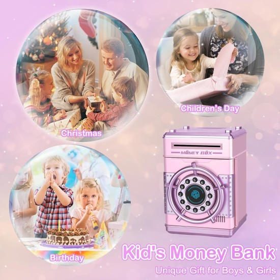 Refasy Tirelires pour filles, banque d'argent électronique mot de passe argent coffre-fort tirelire, banque de simulation d'empreintes digitales jouets pour 3 4 5 6 7 8 9 10 12 ans filles enfants cadeaux d'anniversaire de Noël (rose)