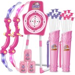 SpringFlower 2 ensembles d'arcs et de flèches avec éclairage LED, 2 pistolets à fléchettes en mousse pour enfants de 5 6 7 8 9 10 ans et plus, ensemble de tir à l'arc avec cible debout pour garçons et filles, cadeau idéal