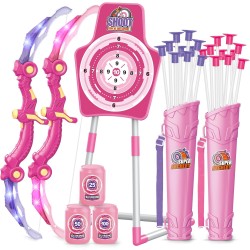 SpringFlower 2 ensembles d'arcs et de flèches avec éclairage LED, 2 pistolets à fléchettes en mousse pour enfants de 5 6 7 8 9 10 ans et plus, ensemble de tir à l'arc avec cible debout pour garçons et filles, cadeau idéal