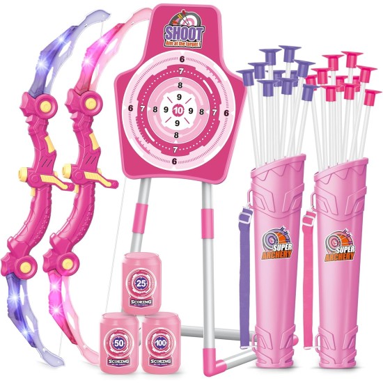 SpringFlower 2 ensembles d'arcs et de flèches avec éclairage LED, 2 pistolets à fléchettes en mousse pour enfants de 5 6 7 8 9 10 ans et plus, ensemble de tir à l'arc avec cible debout pour garçons et filles, cadeau idéal