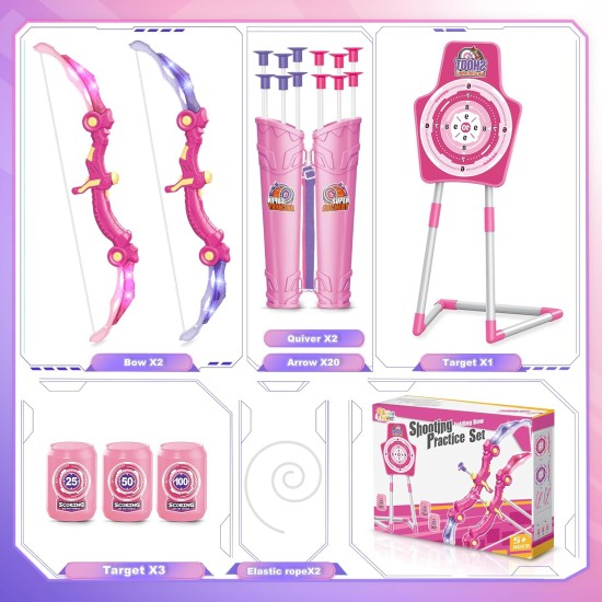 SpringFlower 2 ensembles d'arcs et de flèches avec éclairage LED, 2 pistolets à fléchettes en mousse pour enfants de 5 6 7 8 9 10 ans et plus, ensemble de tir à l'arc avec cible debout pour garçons et filles, cadeau idéal
