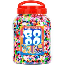 Bundooraking Lot de 8 000 perles de poney en vrac, perles en plastique colorées pour bracelets, fabrication de bijoux, travaux manuels, tressage de cheveux, porte-clés et projets de bricolage avec poignée seau de rangement (6 x 9 mm)
