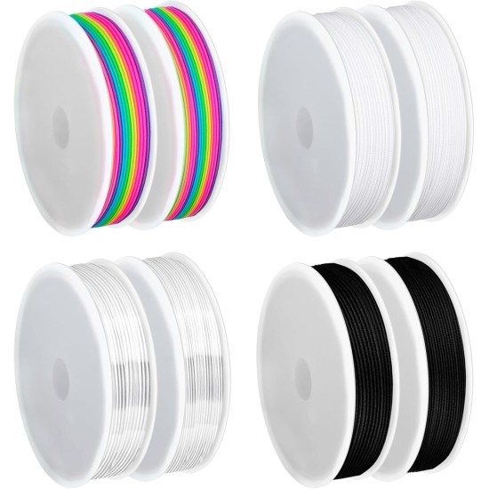 MAXECHO Lot de 8 bobines de fil élastique pour bracelets, fil de perles extensible multicolore de 0,8 mm et 1 mm pour la fabrication de bijoux, de perles, de loisirs créatifs et de colliers – 40 m au total (arc-en-ciel, transparent, blanc, noir)