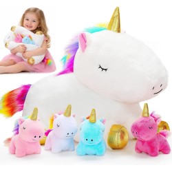 KMUYSL Jouets pour filles âgées de 0 1 2 3 4 5 6 7 8 ans et plus – Animal en peluche licorne maman avec 4 bébés licornes dans son ventre, ensemble de jouets en peluche licorne douce, cadeaux d'anniversaire de Noël pour bébé, tout-petit, enfants