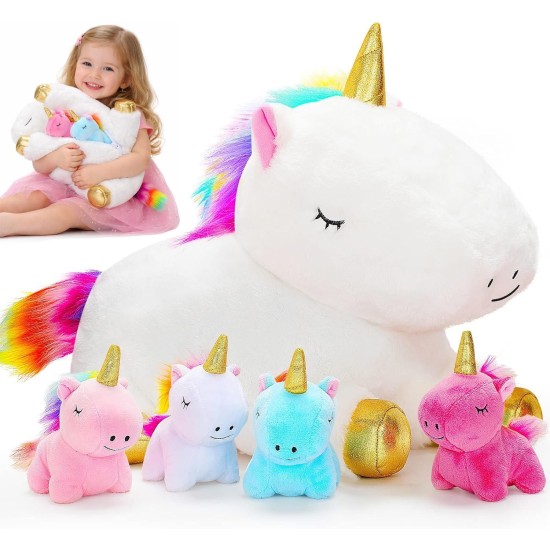KMUYSL Jouets pour filles âgées de 0 1 2 3 4 5 6 7 8 ans et plus – Animal en peluche licorne maman avec 4 bébés licornes dans son ventre, ensemble de jouets en peluche licorne douce, cadeaux d'anniversaire de Noël pour bébé, tout-petit, enfants