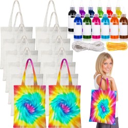 Le kit Tie Dye comprend 12 sacs fourre-tout vierges, 12 bouteilles pré-remplies de concentrés de couleurs, des cordes en coton de 20 pieds et 20 élastiques en caoutchouc pour les fournitures de groupes de fête DIY Tie Dye