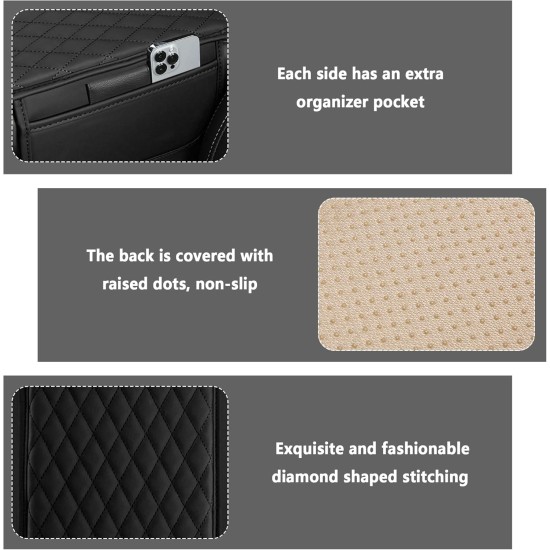 Housse de console centrale de voiture améliorée, housse d'accoudoir de voiture en cuir microfibre avec 2 sacs de rangement, boîte de rangement pour accoudoir de voiture, accessoires intérieurs pour la plupart des véhicules (noir)