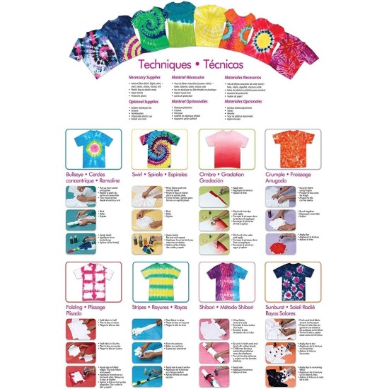 Tulip Kit de teinture en une étape 3 couleurs, techniques faciles, motifs de tissus vibrants et permanents, couleurs classiques : fuchsia, jaune turquoise