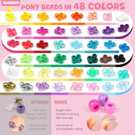 Gionlion Kit de 4200 perles de poney pour la fabrication de bracelets, 48 ​​couleurs, kit de bracelets de perles Kandi, 2500 bonbons arc-en-ciel, 1700 perles de lettre d'amitié avec cordes élastiques de 20 mètres pour la fabrication de bijoux