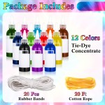 Le kit Tie Dye comprend 12 sacs fourre-tout vierges, 12 bouteilles pré-remplies de concentrés de couleurs, des cordes en coton de 20 pieds et 20 élastiques en caoutchouc pour les fournitures de groupes de fête DIY Tie Dye