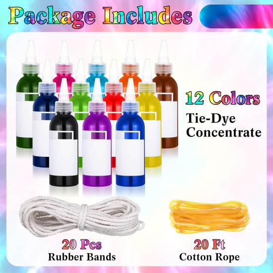 Le kit Tie Dye comprend 12 sacs fourre-tout vierges, 12 bouteilles pré-remplies de concentrés de couleurs, des cordes en coton de 20 pieds et 20 élastiques en caoutchouc pour les fournitures de groupes de fête DIY Tie Dye