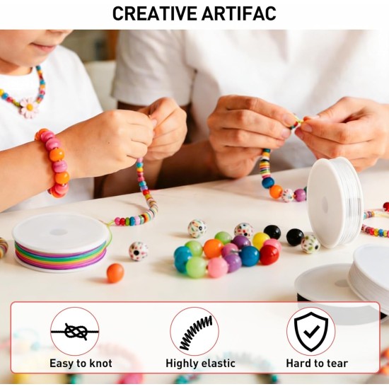 MAXECHO Lot de 8 bobines de fil élastique pour bracelets, fil de perles extensible multicolore de 0,8 mm et 1 mm pour la fabrication de bijoux, de perles, de loisirs créatifs et de colliers – 40 m au total (arc-en-ciel, transparent, blanc, noir)