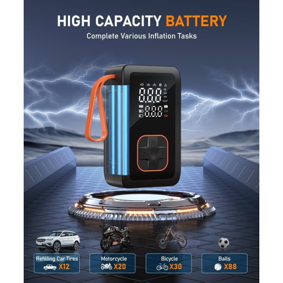Compresseur d'air portable, gonfleur de pneus, pompe à air sans fil 3 fois plus rapide pour pneus de voiture avec lumière LED, pompe à air 150 psi avec prise allume-cigare pour voiture, moto, vélo, ballon (noir)