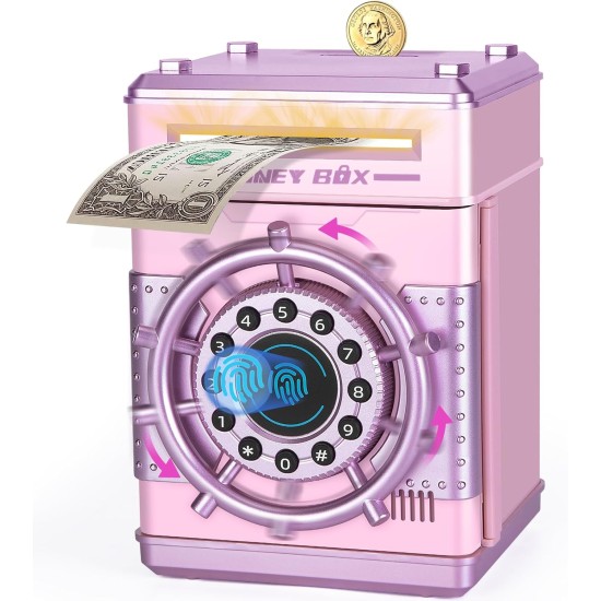 Refasy Tirelires pour filles, banque d'argent électronique mot de passe argent coffre-fort tirelire, banque de simulation d'empreintes digitales jouets pour 3 4 5 6 7 8 9 10 12 ans filles enfants cadeaux d'anniversaire de Noël (rose)