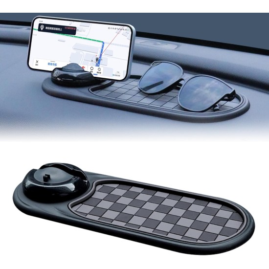Tapis de tableau de bord de voiture antidérapant universel avec support de téléphone rotatif à 360° – Organisateur multifonction pour téléphones, lunettes de soleil, clés et essentiels du quotidien (gris noir)