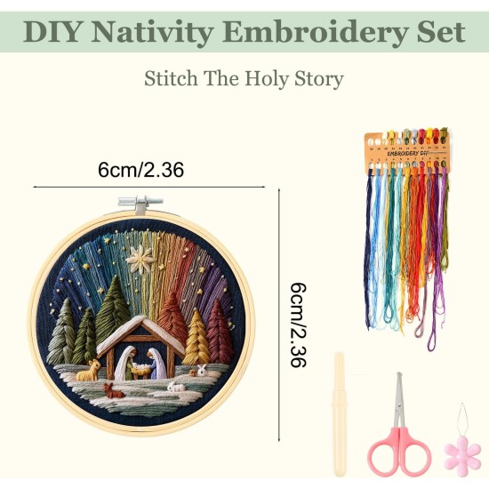 Berthg Kit de broderie de Noël - Ensemble de broderie de la Nativité DIY pour débutants, Stitch The Holy Story, Kit de broderie chrétienne