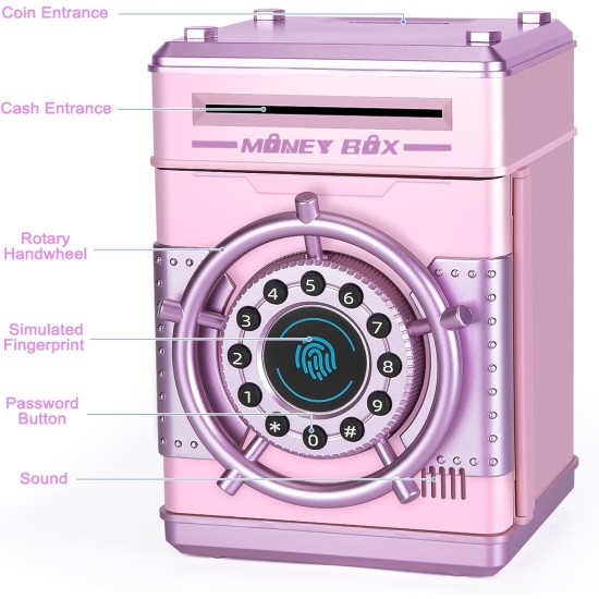 Refasy Tirelires pour filles, banque d'argent électronique mot de passe argent coffre-fort tirelire, banque de simulation d'empreintes digitales jouets pour 3 4 5 6 7 8 9 10 12 ans filles enfants cadeaux d'anniversaire de Noël (rose)
