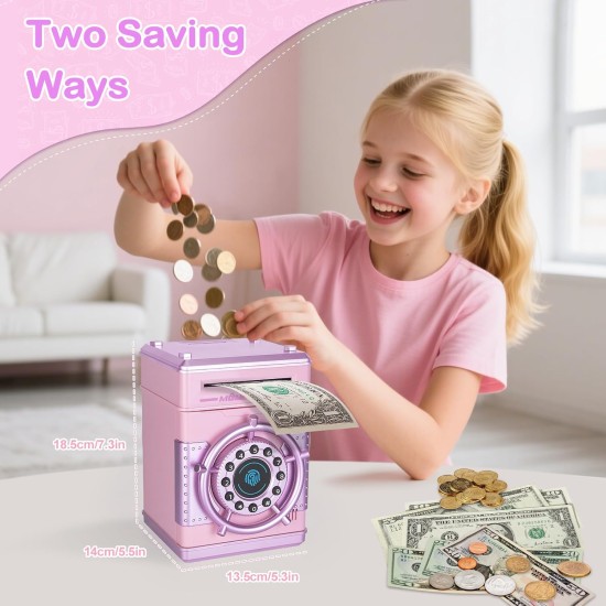 Refasy Tirelires pour filles, banque d'argent électronique mot de passe argent coffre-fort tirelire, banque de simulation d'empreintes digitales jouets pour 3 4 5 6 7 8 9 10 12 ans filles enfants cadeaux d'anniversaire de Noël (rose)