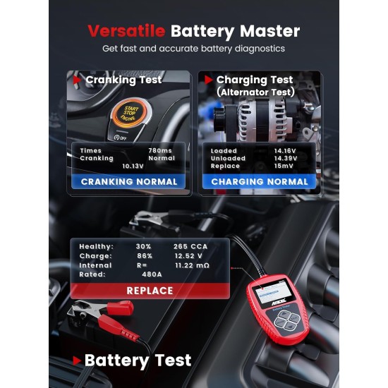ANCEL BA101 Testeur de batterie de voiture, outil de diagnostic numérique d'alternateur automobile 12 V, capacité de charge de 100 à 2000 CCA, analyseur de charge et de démarrage pour camion, bateau, camping-car, véhicule marin, et plus encore ANCEL BA101 Testeur de batterie de voiture, outil de diagnostic numérique d'alternateur automobile 12 V, capacité de charge de 100 à 2000 CCA, analyseur de charge et de démarrage pour camion, bateau, camping-car, véhicule marin, et plus encore