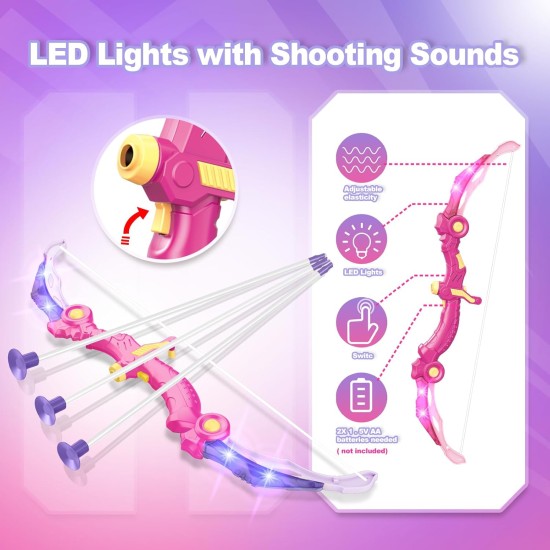 SpringFlower 2 ensembles d'arcs et de flèches avec éclairage LED, 2 pistolets à fléchettes en mousse pour enfants de 5 6 7 8 9 10 ans et plus, ensemble de tir à l'arc avec cible debout pour garçons et filles, cadeau idéal