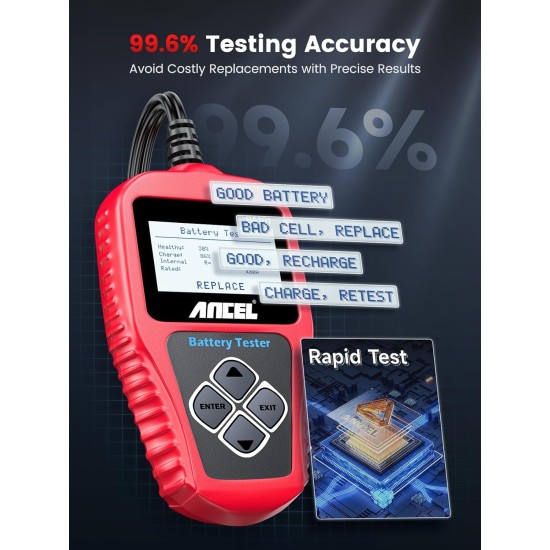 ANCEL BA101 Testeur de batterie de voiture, outil de diagnostic numérique d'alternateur automobile 12 V, capacité de charge de 100 à 2000 CCA, analyseur de charge et de démarrage pour camion, bateau, camping-car, véhicule marin, et plus encore ANCEL BA101 Testeur de batterie de voiture, outil de diagnostic numérique d'alternateur automobile 12 V, capacité de charge de 100 à 2000 CCA, analyseur de charge et de démarrage pour camion, bateau, camping-car, véhicule marin, et plus encore