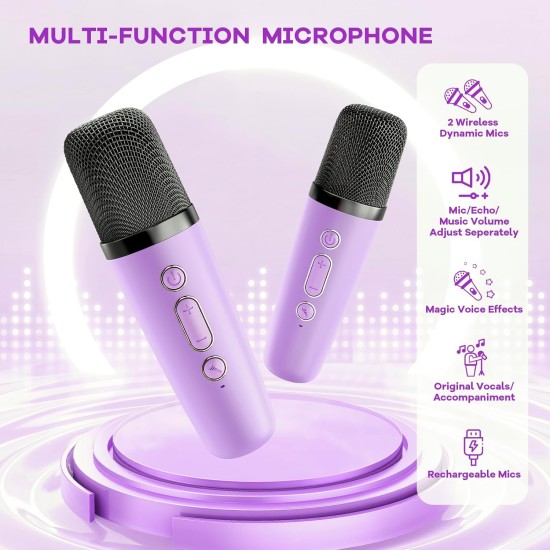 Machine de karaoké pour enfants, mini haut-parleur portable avec 2 microphones sans fil, cadeaux pour enfants pour filles âgées de 3, 4, 5, 6, 7, 8, 9, 10 ans et plus, cadeau de Pâques de 4 à 12 ans (violet)