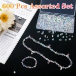 Lot de 600 perles en verre cristal pour la fabrication de bijoux, perles en cristal avec boîte, assortiment de bicônes, rondelles, cubes, gouttes et perles d'espacement pour bricolage, bracelets, colliers, boucles d'oreilles, 4/6/8 mm, couleur AB