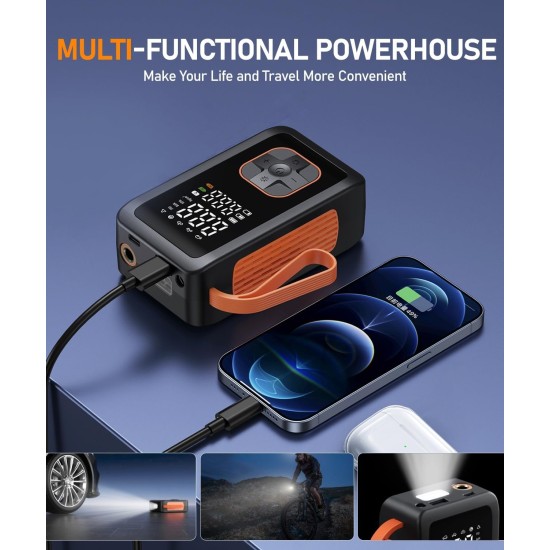 Compresseur d'air portable, gonfleur de pneus, pompe à air sans fil 3 fois plus rapide pour pneus de voiture avec lumière LED, pompe à air 150 psi avec prise allume-cigare pour voiture, moto, vélo, ballon (noir)