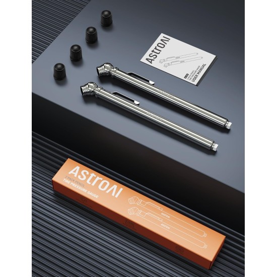 AstroAI Lot de 2 manomètres pour pneus 10-75 PSI, calibrés selon ANSI B40.1 Grade B (2 %), corps en acier inoxydable, buse en métal 3 mesures pour voitures, vélos, véhicules
