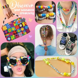 Gionlion Kit de 4200 perles de poney pour la fabrication de bracelets, 48 ​​couleurs, kit de bracelets de perles Kandi, 2500 bonbons arc-en-ciel, 1700 perles de lettre d'amitié avec cordes élastiques de 20 mètres pour la fabrication de bijoux