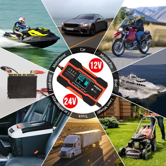 NEXPEAK NC201 Chargeur de batterie 10 A, chargeur d'entretien intelligent 12 V 24 V, désulfatateur de maintenance entièrement automatique avec compensation de température pour voiture, camion, tondeuse à gazon, bateau, batteries marines