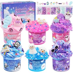 Lot de 6 slimes, slime pour enfants au pays des merveilles des animaux, kit de slime nuage de beurre pour filles âgées de 8 à 12 ans, jouets pour filles et garçons, cadeaux d'anniversaire, d'Halloween, de Noël pour enfants, sacs de cadeaux