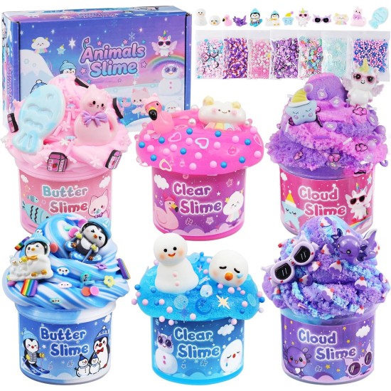 Lot de 6 slimes, slime pour enfants au pays des merveilles des animaux, kit de slime nuage de beurre pour filles âgées de 8 à 12 ans, jouets pour filles et garçons, cadeaux d'anniversaire, d'Halloween, de Noël pour enfants, sacs de cadeaux