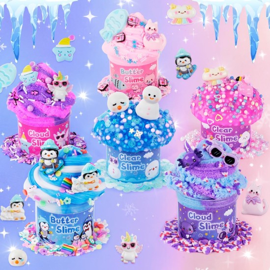 Lot de 6 slimes, slime pour enfants au pays des merveilles des animaux, kit de slime nuage de beurre pour filles âgées de 8 à 12 ans, jouets pour filles et garçons, cadeaux d'anniversaire, d'Halloween, de Noël pour enfants, sacs de cadeaux