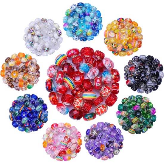 Assortiment de 240 pièces de perles artisanales européennes à grand trou, perles d'espacement colorées, pour la fabrication de colliers, de bracelets, de bijoux (styles de couleurs mélangées) Assortiment de 240 pièces de perles artisanales européennes à grand trou, perles d'espacement colorées, pour la fabrication de colliers, de bracelets, de bijoux (styles de couleurs mélangées)