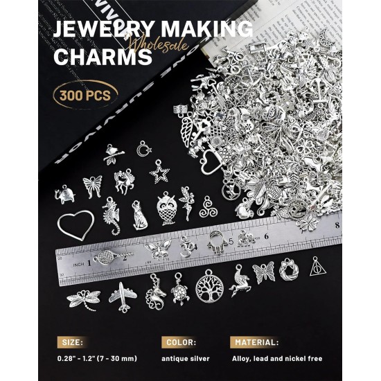 JIALEEY 300 PCS Gros Lots en Vrac Fabrication de Bijoux Charms Mixtes Lisse Tibétain Alliage d'Argent Charms Pendentifs DIY pour Bracelet Collier Fabrication de Bijoux et Artisanat
