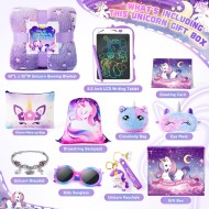 Cadeaux de licornes pour filles, jouets pour enfants de 3 4 5 6 7 8 9 10 ans avec tablette d'écriture LCD/couverture lumineuse/bracelet licorne/masque pour les yeux/sac à bandoulière/12 pièces violet, jouet licorne d'anniversaire de Noël pour adolescente