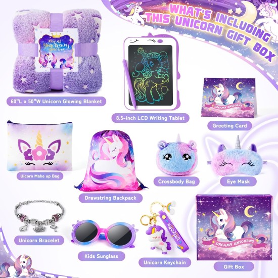 Cadeaux de licornes pour filles, jouets pour enfants de 3 4 5 6 7 8 9 10 ans avec tablette d'écriture LCD/couverture lumineuse/bracelet licorne/masque pour les yeux/sac à bandoulière/12 pièces violet, jouet licorne d'anniversaire de Noël pour adolescente Cadeaux de licornes pour filles, jouets pour enfants de 3 4 5 6 7 8 9 10 ans avec tablette d'écriture LCD/couverture lumineuse/bracelet licorne/masque pour les yeux/sac à bandoulière/12 pièces violet, jouet licorne d'anniversaire de Noël pour adolescente