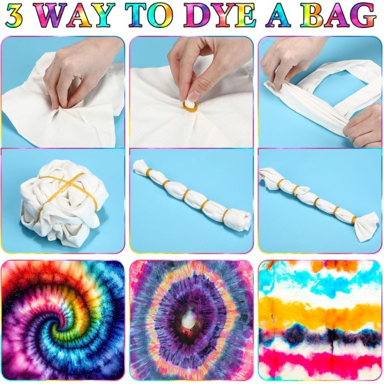 Le kit Tie Dye comprend 12 sacs fourre-tout vierges, 12 bouteilles pré-remplies de concentrés de couleurs, des cordes en coton de 20 pieds et 20 élastiques en caoutchouc pour les fournitures de groupes de fête DIY Tie Dye